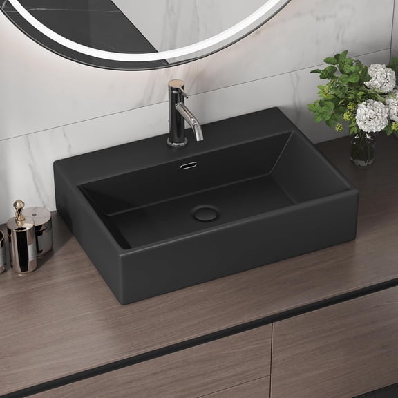 24" x 16" Bathroom Sink Vessel Rectangle, Eridanus Hang Wall Mount Sinks Floating Trough Countertop Vanity Washbasin, Ceramic Porcelain Modern Art Face Basin Bowl with Overflow, Matte Black