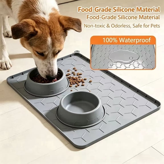 24" x 16" Dog & Cat Food Bowl Mat  Silicone, Waterproof, Food-Grade Pet Feeding Mat for Floor, High Raised Edge to Prevent Spills, Non-Slip & Easy to Clean Placemat for Dog & Cat Bowls  Light Gray