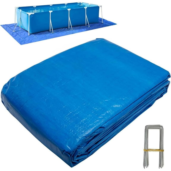 24 x 16 Ft Rectangular Pool Ground Cloths, Waterproof PE Swimming Pool Liner Pad, Heavy Duty Above Ground Pool Mat Protector Tarp with Stakes for Pools Bottom Prevents Punctures
