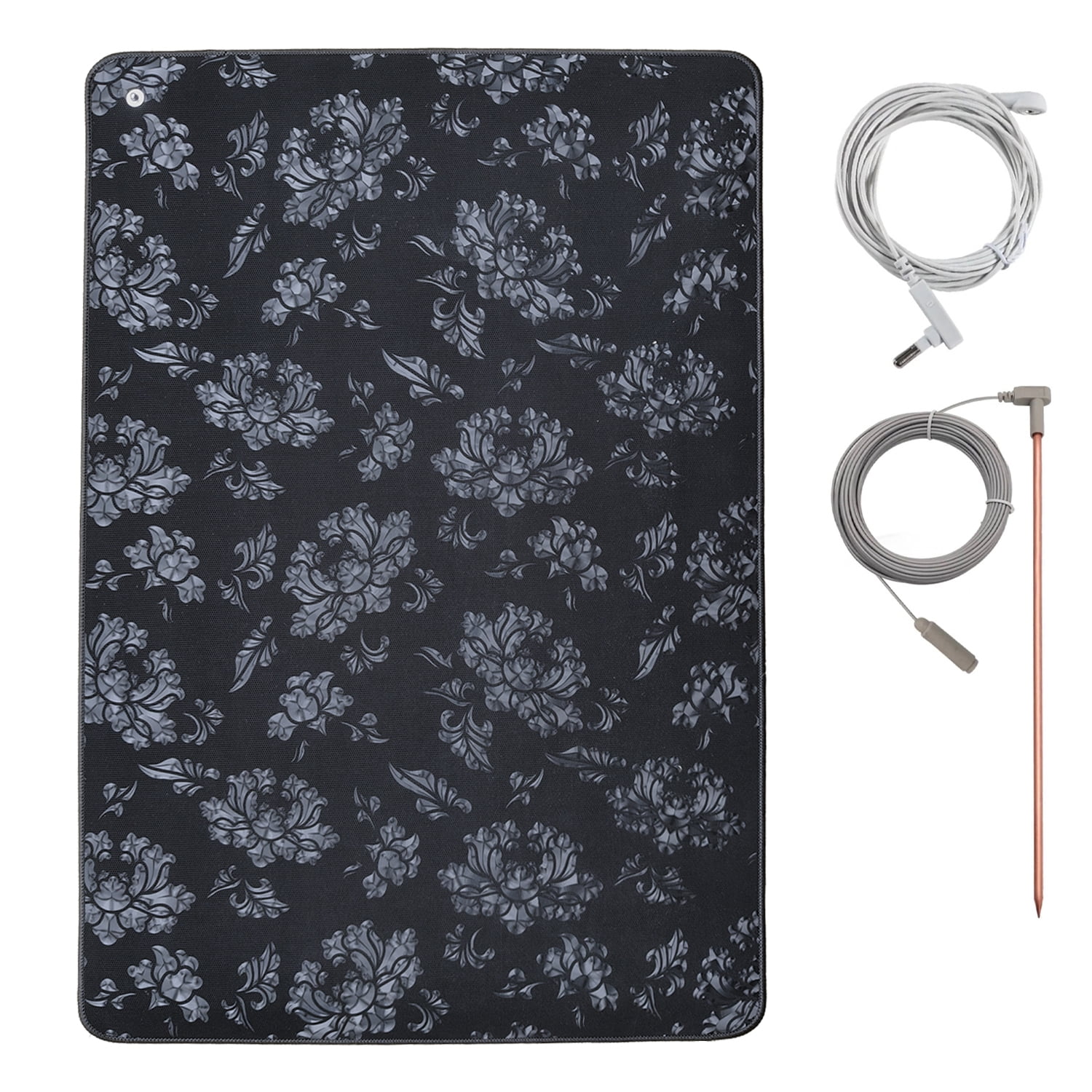 24" x 16" Grounding Mat Kit Non Slip Meditation Pad 3mm Yoga Mat with 15ft Grounding Cord & 12"Copper Ground Rod with 40ft Wires,Black Flower