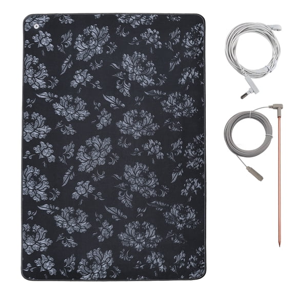 24" x 16" Grounding Mat Kit Non Slip Meditation Pad 3mm Yoga Mat with 15ft Grounding Cord & 12"Copper Ground Rod with 40ft Wires,Black Flower