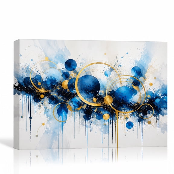 24 x 16 Inch Abstract Blue Gold Canvas Wall Art Print, Modern Artwork, Ready to Hang Stretched Canvas with Wooden Stretcher Frame Home Decor, Brown