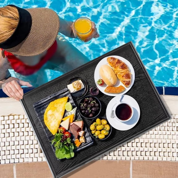 24 x 16 Inches Extra Large Solid Wood Serving Tray for Tea Coffee Table Snack Food Meals Serving Plate Kitchen Party Bar Breakfast Server with Raised Edges Black Wooden Decorative Ottoman Tray