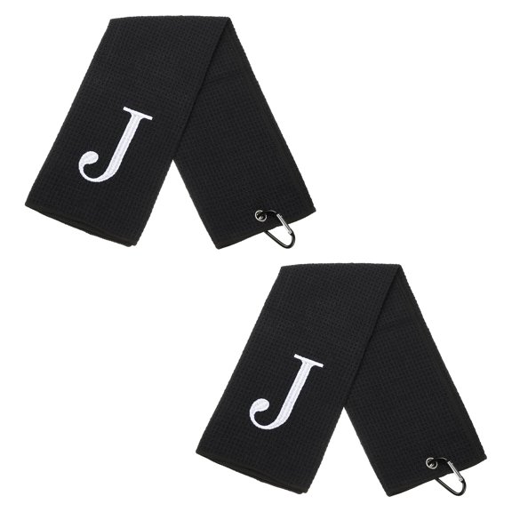 24 x 16 Inches Personalized Golf Towels with Clip Alphabet Embroidery for Bags Gifts - 2 Pcs (Initial J, Black)