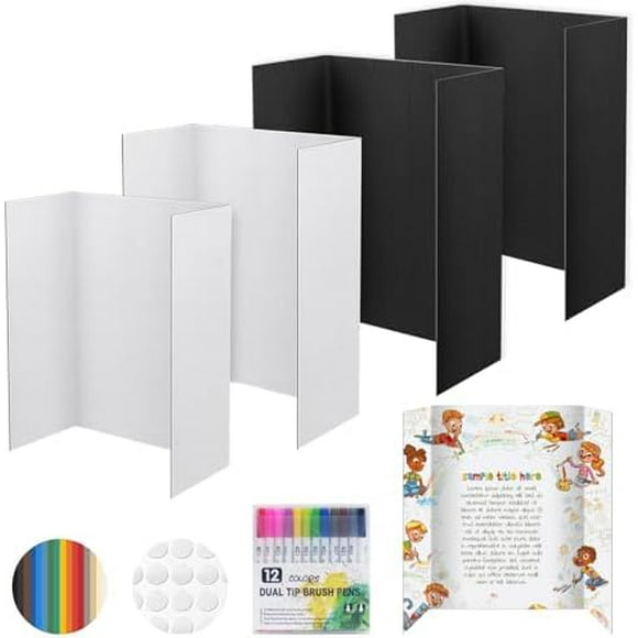 24" x 16" Trifold Poster Board with Drawing Marker, 4 Pack Black White Corrugated Project Boards for Science Fair, School Projects, Event Displays and Business Presentations