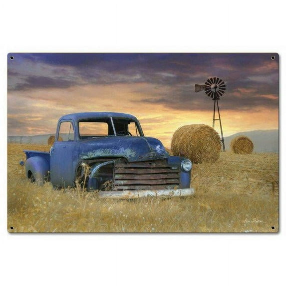 24 x 16 in. Penny Lane Blue Truck Windmill Satin Sign