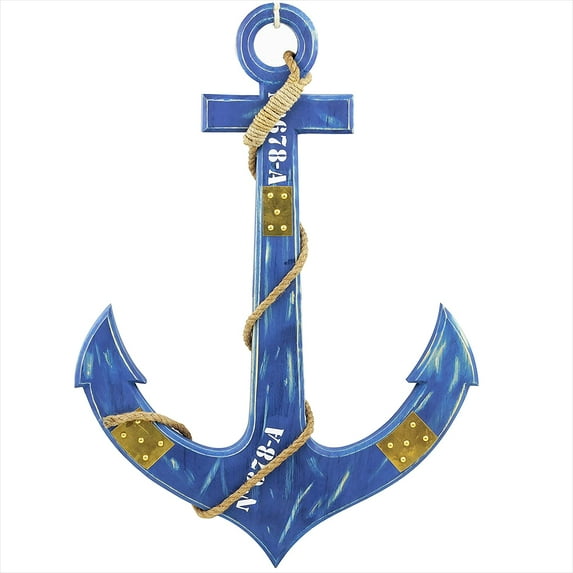 "24 x 18 Wooden Wall Anchor Antique Buffed Finish & Yellow Ropes | Blue Distressed Nautical Maritime Wall Decor Accents"