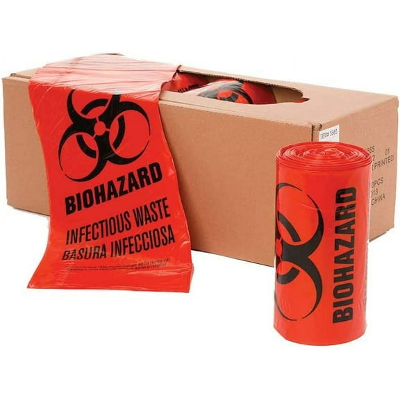 24" x 23" x 1.3 mil 7 to 10 Gallon Red Plastic Biohazard Infectious Waste Can Liners (25 bags/roll, 20 rolls/case)