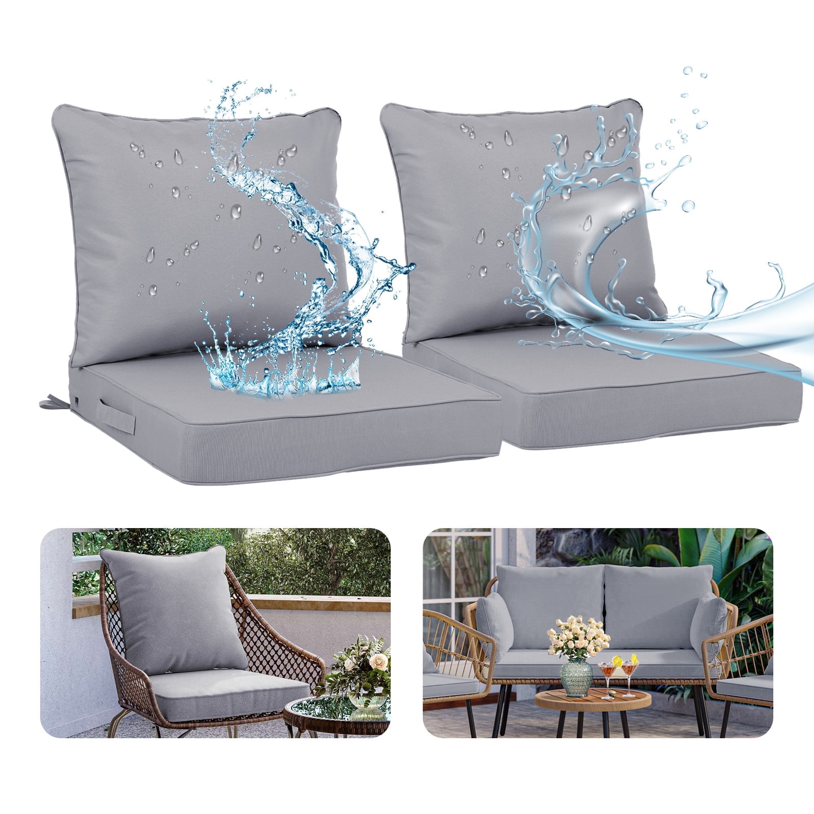 24 x 24 Inch Outdoor Deep Seat Cushion Set - Waterproof Fade-Resistant Patio Furniture Cushions with Removable Covers, Adjustable Straps & Handles for Chairs, Sofa, Couch (2-Piece)