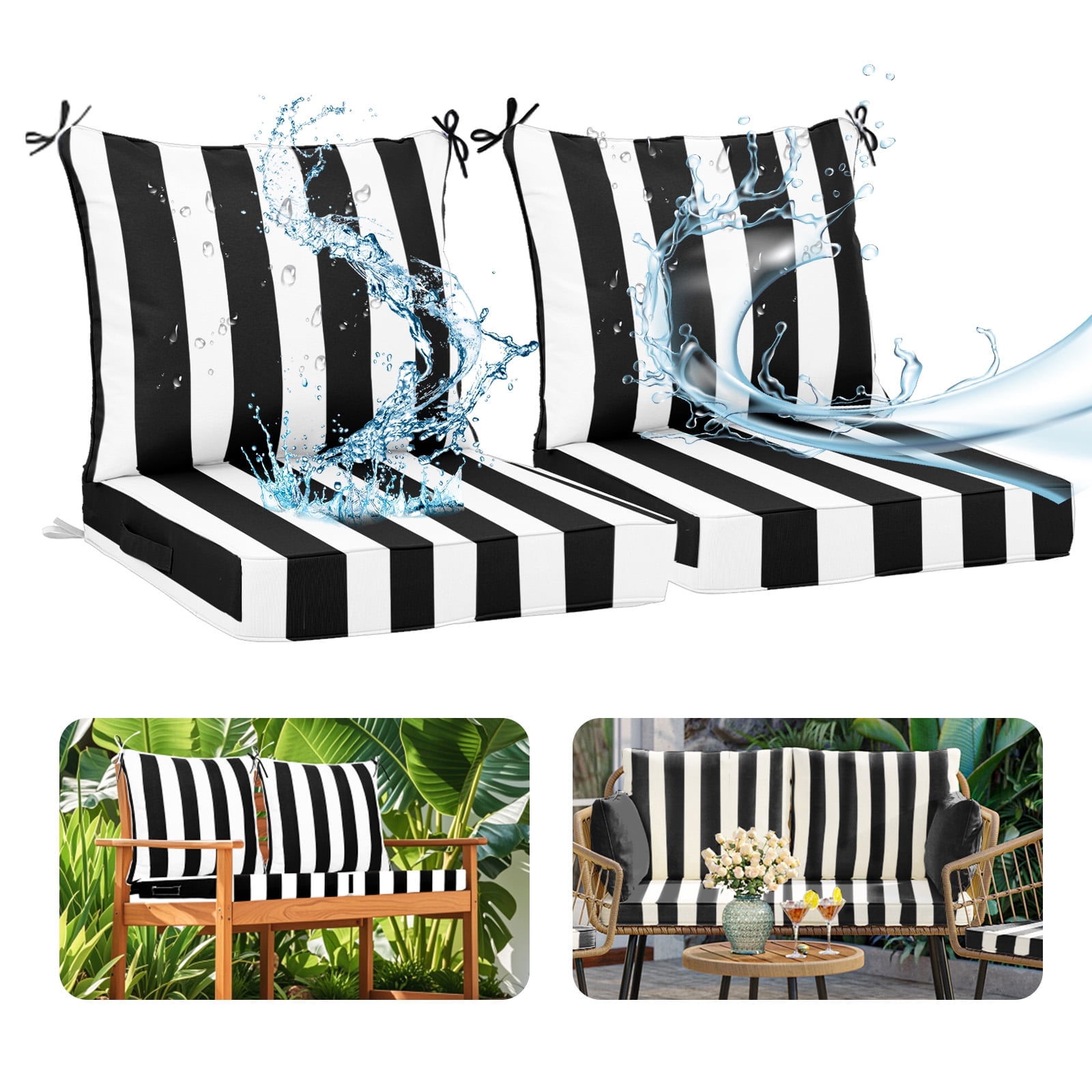 24 x 24 Inch Outdoor Deep Seat Cushion Set - Waterproof Fade-Resistant Patio Furniture Cushions with Removable Covers, Adjustable Straps & Handles for Chairs, Sofa, Couch (2-Piece)