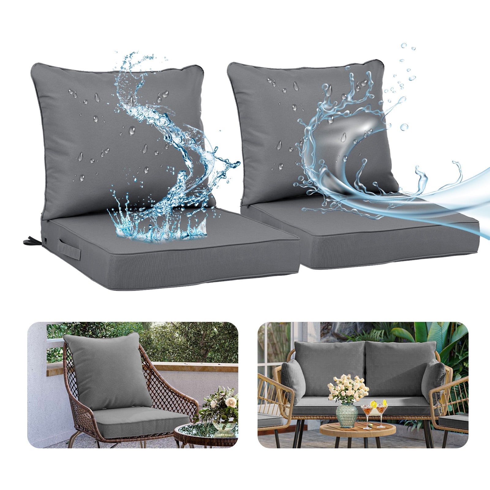 24 x 24 Inch Outdoor Deep Seat Cushion Set - Waterproof Fade-Resistant Patio Furniture Cushions with Removable Covers, Adjustable Straps & Handles for Chairs, Sofa, Couch (2-Piece)