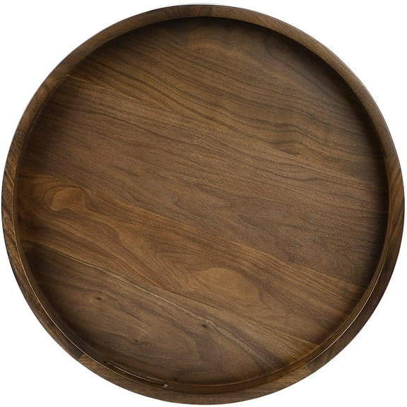24 x 24 Inches Black Walnut Large Round Ottoman Tray, Solid Wooden Circle Platter Decorative Table Serving Tray with Handles for Oversized Ottoman Home Breakfast in Bed Tea Coffee