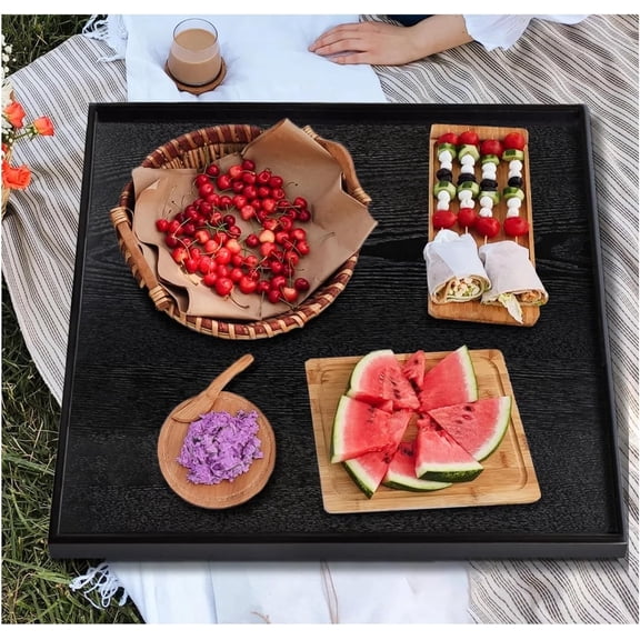 24 x 24 Inches Large Square Black Solid Wood Ottoman Tray, Serve Tea Coffee Breakfast in Bed with Raised Edges