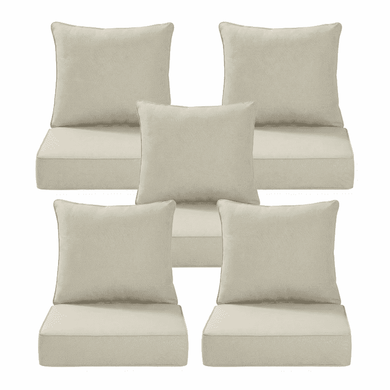 24 x 24 in Outdoor Olefin Patio Cushions with Back Pillows, 6 in Thick, Water- and Fade-Resistant, Beige, Set of 5