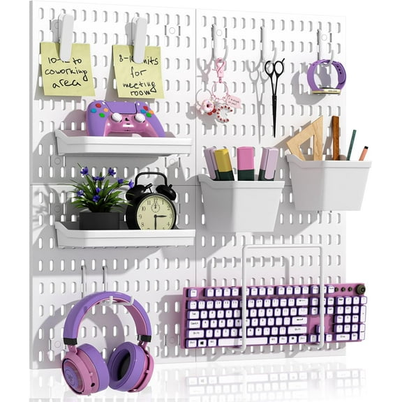 24" x 24" Pegboard Combination Kit,Wall Mounted Storage Set with 4 Pegboards & 13 Accessories for Bedroom, Home, Office, Bathroom, White