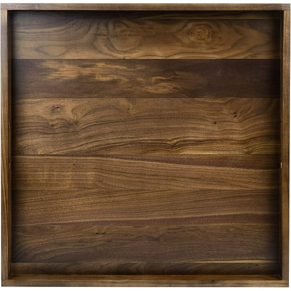 24"x 24" Square Solid Black Walnut Wood Serving Tray Ottoman Tray Extra Large Wood Trays with Handles Wooden Serving Tray for Oversized Ottoman Home Breakfast in Bed Tea Coffee
