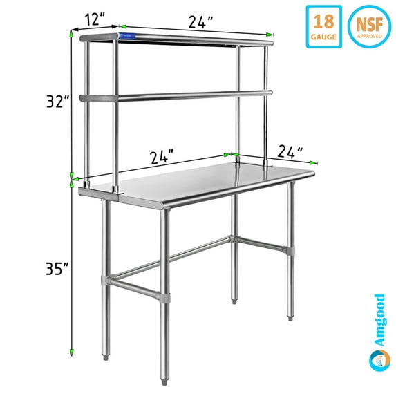 24" x 24" Stainless Steel Open Base Table With 12" Wide Double Tier Overshelf | Metal Kitchen Prep Table & Shelving Combo
