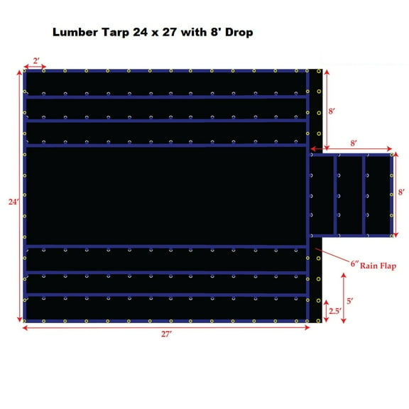 24' x 27' Light Weight Lumber Tarp with 8' Drop, Black Color, 15OZ Gauge, Lighter Weight for Easy Handling, Patchable and Repairable, Made by Xtarps
