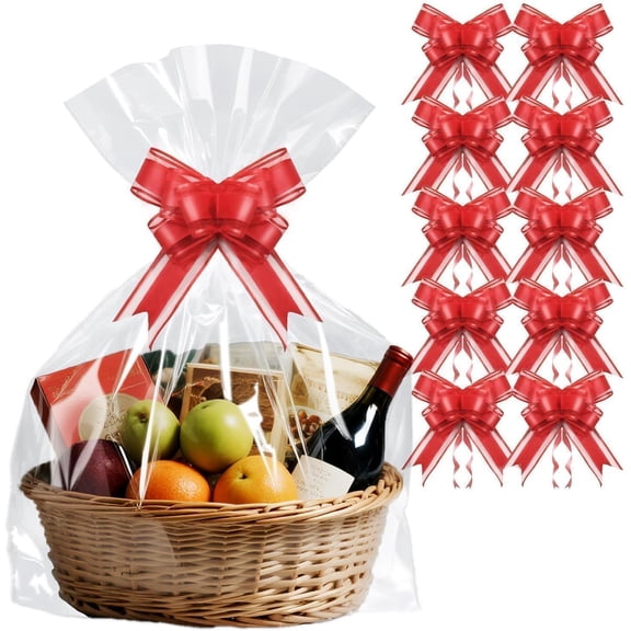 24"x 30" Clear Cellophane Gift Bags with Gold Ribbon Bows, 10 Pack Large Cellophane Wrap for Gift Baskets, Plastic Gifts Bags for Gift Giving