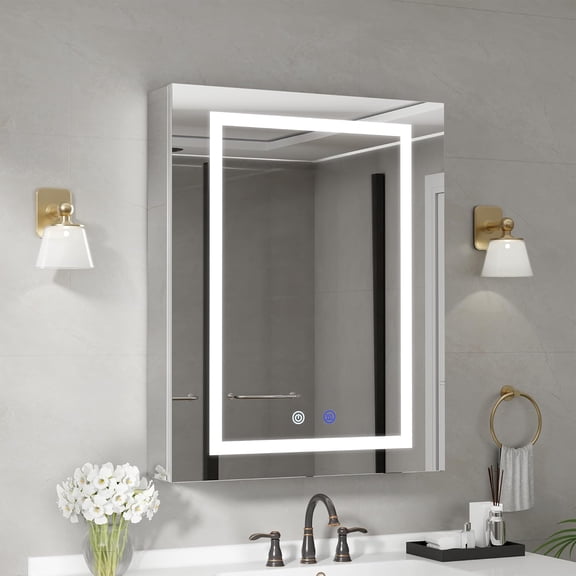 24" x 30" Medicine Cabinet Mirror with Lights, Recessed or Wall Mount LED Bathroom Mirror with Storage - 3 Color Temperature, Stepless Dimming, Defogger, Memory Function, 2 Outlets & 2 USB Ports