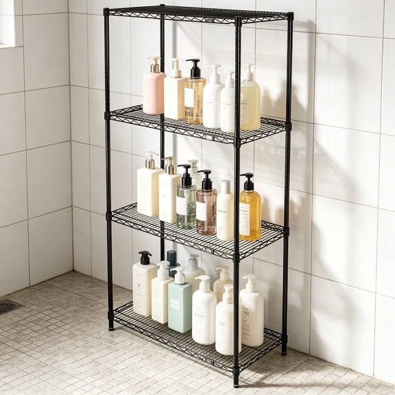 24" x 30" x 74", 4-Tier Adjustable Wire Shelving Unit, Commercial Storage Rack, Black Epoxy Finish, Leveling Feet