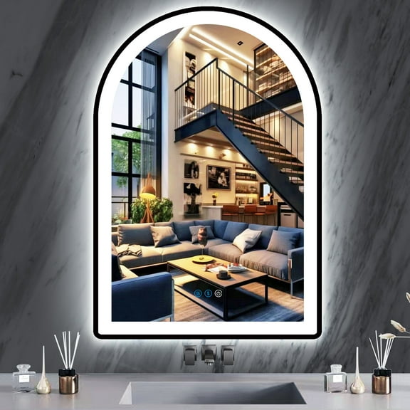24 x 32 Inch Bathroom Black Arch Vanity Mirror with Light Black Frame Arch LED Mirror for Bathroom Wall Arched Lighted Mirror Anti Fog Dimmable 3 Color 32 Black Arched Smart LED Light up Mirror