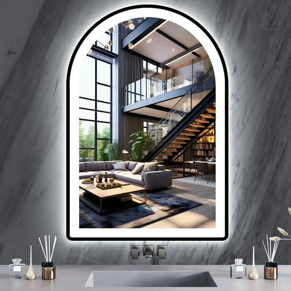24 x 32 Inch Bathroom Black Arch Vanity Mirror with Light Black Frame Arch LED Mirror for Bathroom Wall Arched Lighted Mirror Anti Fog Dimmable 3 Color 32 Black Arched Smart LED Light up Mirror