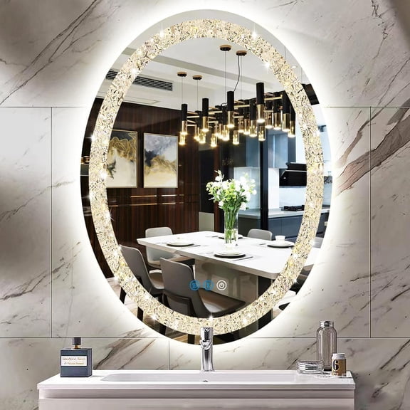 24 x 32 inch Bathroom Crystal Oval Vanity Mirror with Lights 3 Color Crystal Oval Lighted Mirror for Bathroom Wall Oval LED Mirror Dimmable AntiFog Diamond 32 Crystal Smart Oval Light up Mirror