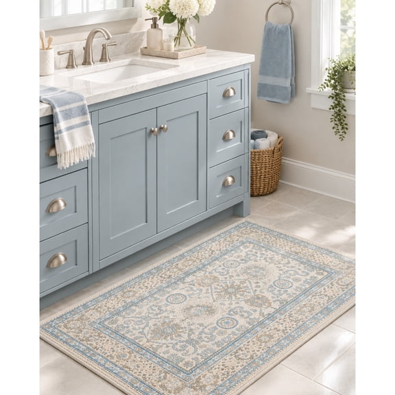 24" x 36" Blue/Cream Medallion Bath Rug, Vintage Patterned Bathroom Floor Mat, Persian-Inspired Decorative Accent Rug