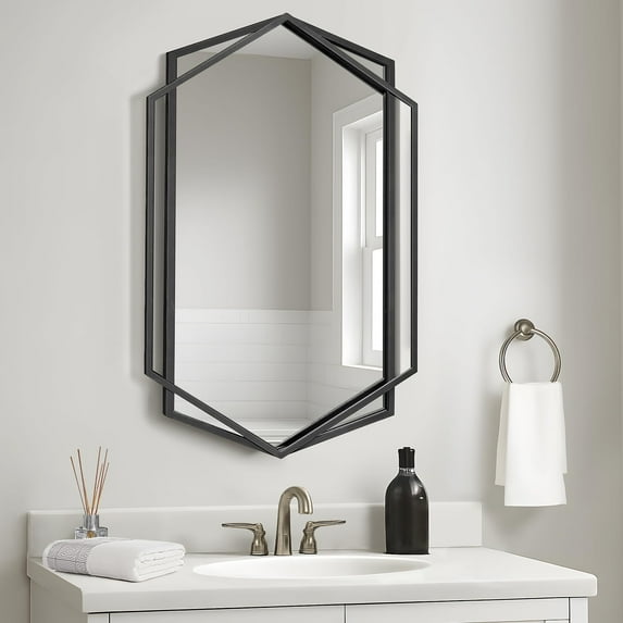 24"x 36" Hexagon Wall Mirror, Modern Geometric Design with Black Metal Frame, Decorative Industrial Mirror for Bathroom, Entryway, Living Room