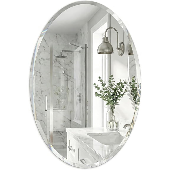 24 x 36 Inch Large Oval Frameless Beveled Bathroom Mirror Clear Solid-Backed Two-Way Wall Mirror