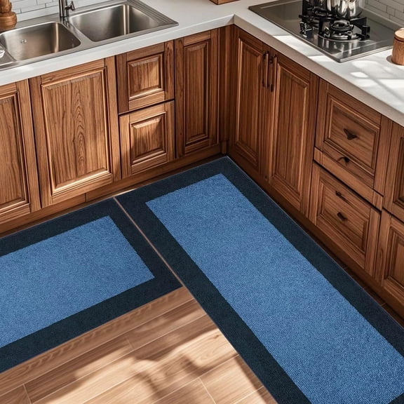 24 x 36 Inch Navy Blue Kitchen Rug, Two-Tone Geometric Low-Pile Mat with Absorbent Polyester Surface and TPR Non-Slip Backing, Machine Washable Floor Rug for Stove, Sink and Laundry Area, 1 Piece