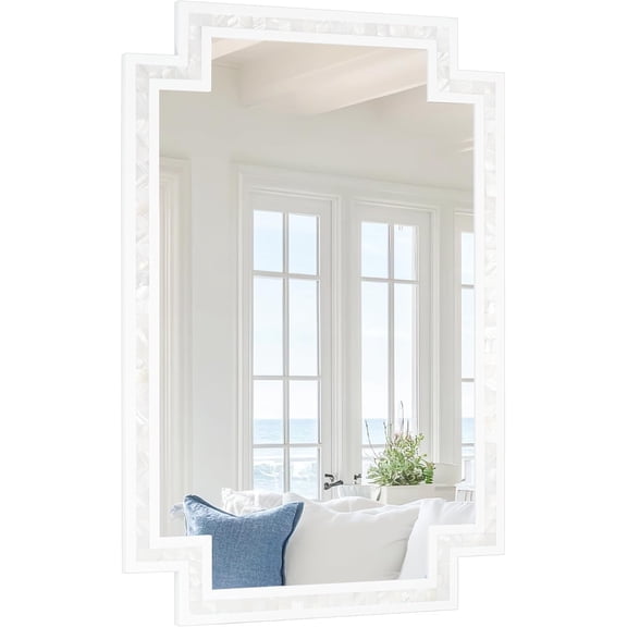 24 x 36 Inch Rectangle Bathroom Mirrors for Wall, White Shell Framed Decorative Mosaic Mirror for Bedroom, Living Room or Entryway, Wall Mounted Horizontal or Vertical