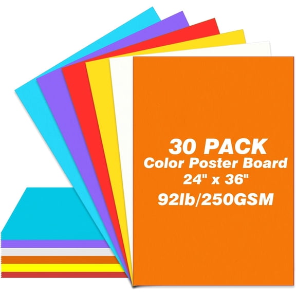 24 x 36 Large Poster Board, 30 Sheets Color Poster Boards, 6 Assorted Double-Sided Color Cardstock Paper, 92lb/250GSM Thickness Colored Poster Board Paper, for School Project, Crafts Etc