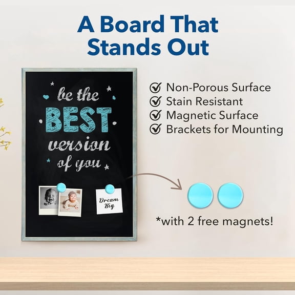 24 x 36 Magnetic Chalkboard Blackboard - Large Hanging Framed Wall Chalk Board w/Wooden Frame - Rustic 2x3 Wall Black Board to Use at Home and Office - Includes Magnets (Dusty Blue)