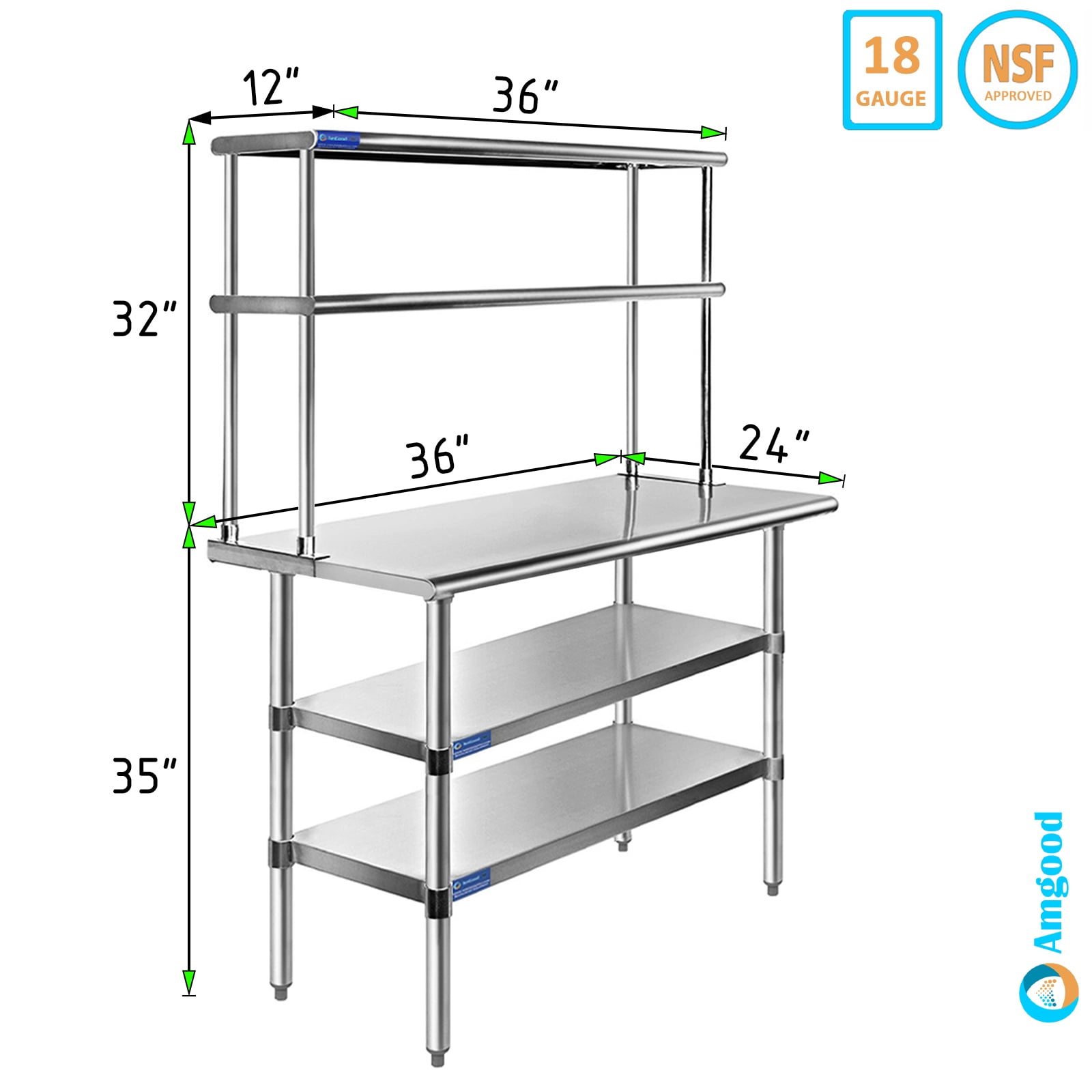 24" x 36" Stainless Steel Work Table with Double Tier Overshelf