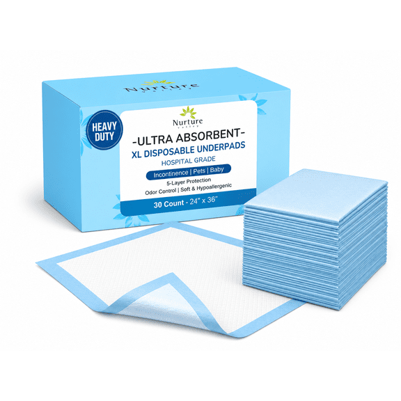 Nurture 30 XL Ultra Absorbent Bed Pads, 24" x 36" Waterproof Disposable Chux Liners, Adult Incontinence Underpads for Beds, Furniture, Seniors, Kids & Pets