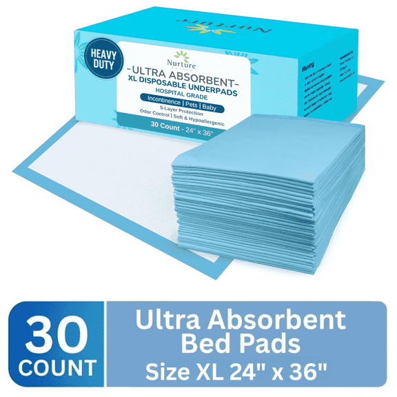 Nurture 30 XL Ultra Absorbent Bed Pads, 24" x 36" Waterproof Disposable Chux Liners, Adult Incontinence Underpads for Beds, Furniture, Seniors, Kids & Pets