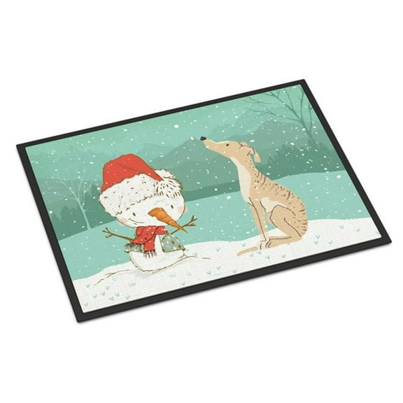 24 x 36 in. Brindle Greyhound Snowman Christmas Indoor or Outdoor Mat
