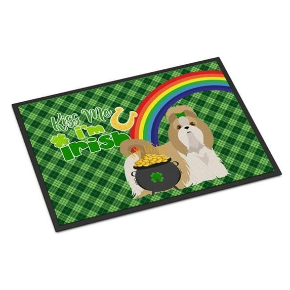 24 x 36 in. Gold & White Shih Tzu Saint Patricks Day Indoor or Outdoor Mat