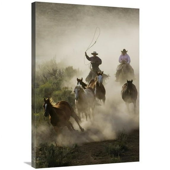 24 x 36 in. Horses Herded by Cowboy & Cowgirl, Oregon Art Print - Konrad Wothe