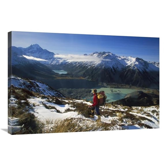 24 x 36 in. Mueller Glacier Terminal Lake, Hiker VIewing Aoraki, Mt Cook NP, New Zealand Art Print - Colin Monteath