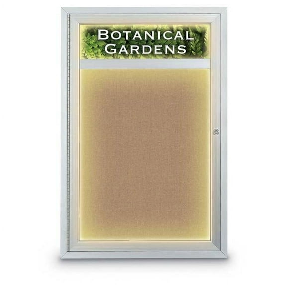 24 x 36 in. Single Door Traditional Indoor with Header & Illumination Enclosed Corkboard with Buff Fabric Backing Board & Satin Anodized Aluminum Frame