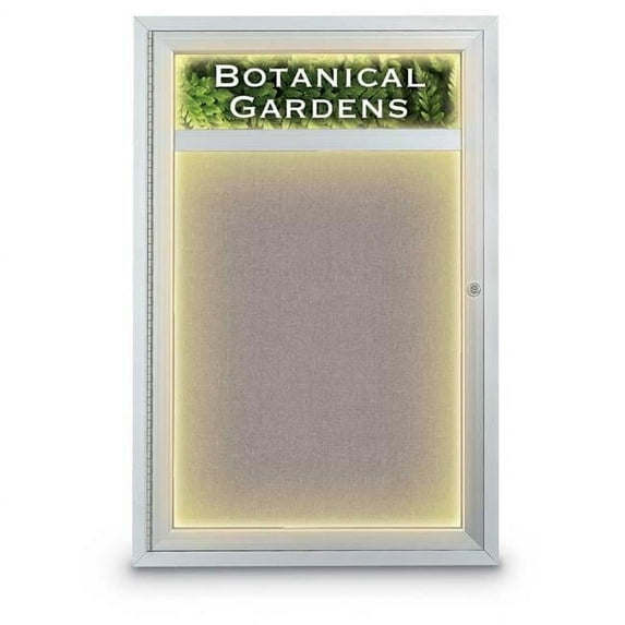 24 x 36 in. Single Door Traditional Indoor with Header & Illumination Enclosed Corkboard with Pearl Fabric Backing Board & Satin Anodized Aluminum Frame