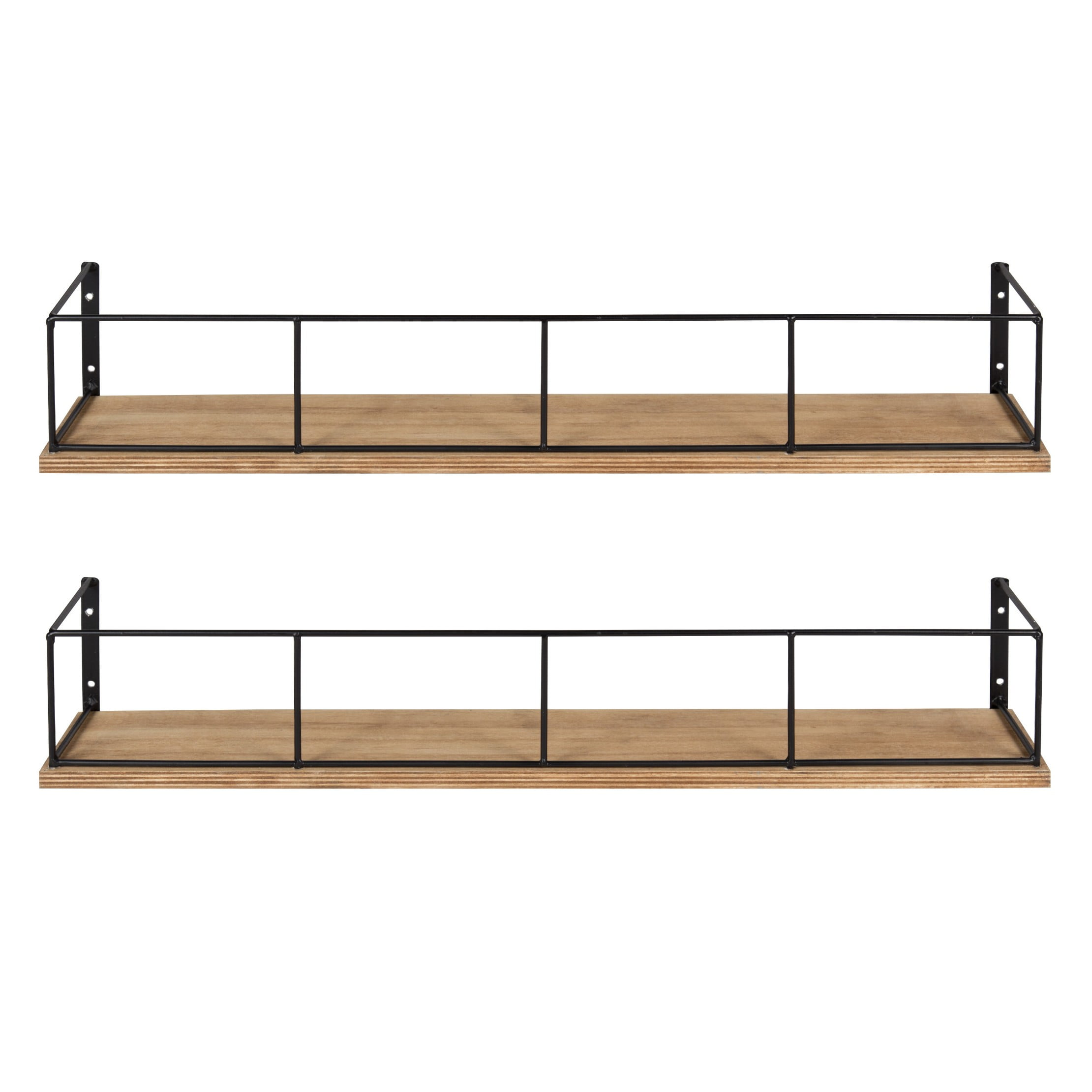 24" Rustic Brown and Black Wood & Metal Floating Wall Shelf Set