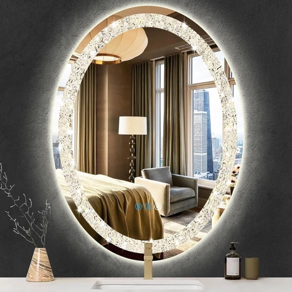 24 x 40 Inch Crystal Oval Lighted Vanity Mirror with Lights Anti-Fog Smart Memory 3 Color Adjustable Brightness Frontlight 40" Diamond Crystal Oval LED Mirror for Bathroom Salon Wall Mounted