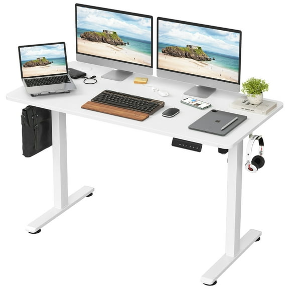 24"x 48" Electric Standing Desk, Adjustable Height Stand up Desk with Hook, Sit Stand Home Office Desk with Splice Board, Ergonomic Rising Computer Desk for Work, Home, Office, White