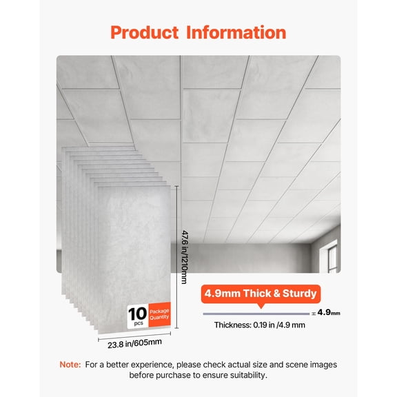 24 x 48 in PVC Ceiling Tiles 10-Pack Drop Ceiling Panels White Marble, PVC Foam Board, Grid Fit, Water-Resistant, Flexible Cut, Easy to Clean, Modern Decorative Finish for Home, Office Areas