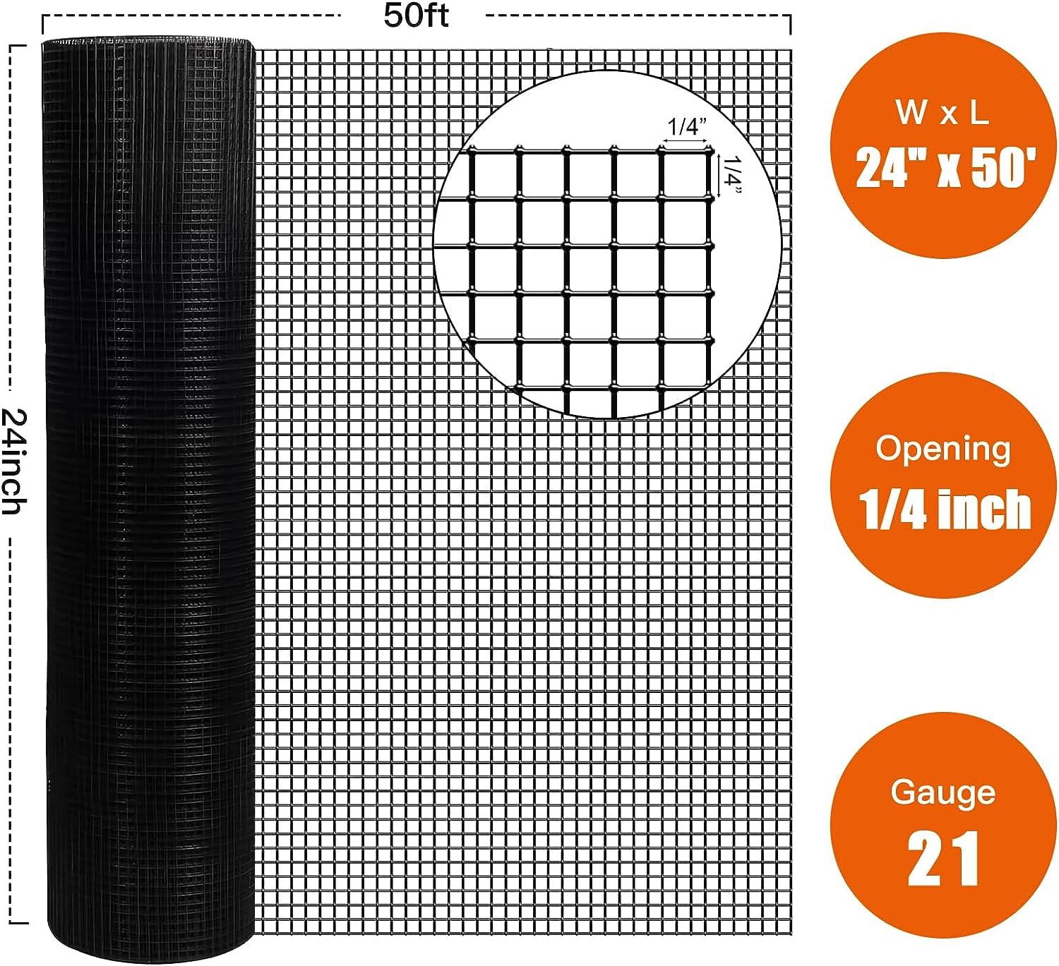 24" x 50' 1/4inch PVC Hardware Cloth Vinyl Coated Chicken Wire Fence Galvanized Welded Mesh Roll for Home Garden Rabbit Cage, Black-PVC