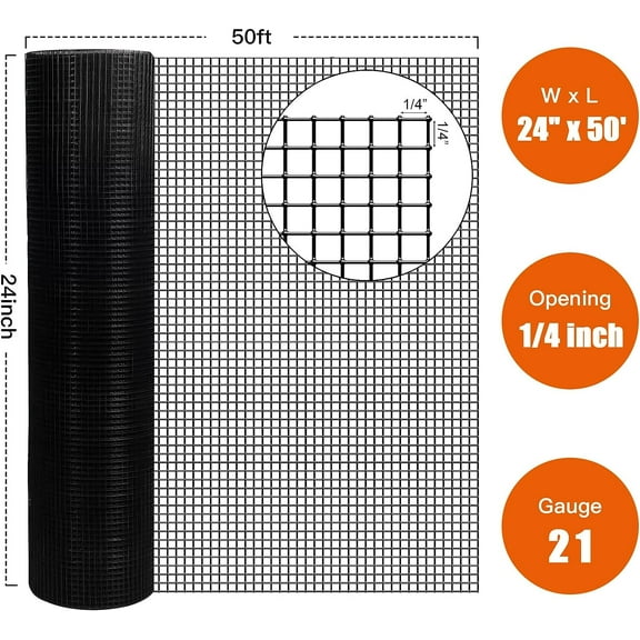 24" x 50' 1/4inch PVC Hardware Cloth Vinyl Coated Chicken Wire Fence Galvanized Welded Mesh Roll for Home Garden Rabbit Cage, Black-PVC